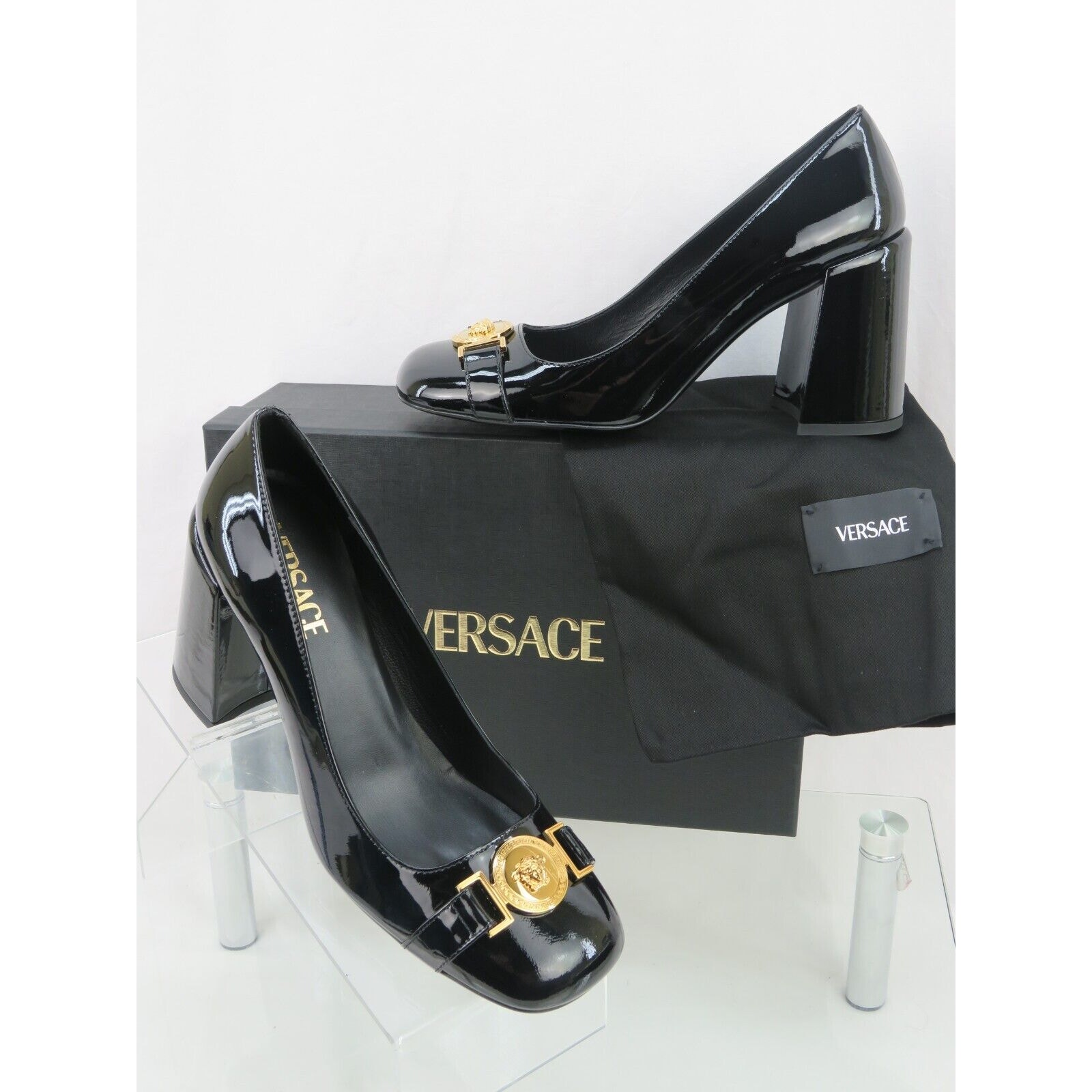 Nib Versace Black Patent Leather Gold Medusa Head Logo Heel Pumps 38 8 $850